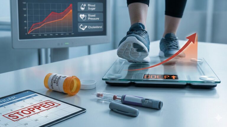 減重藥停用後體重回彈示意，體重計數值上升，背景顯示血糖與血壓曲線同步上揚