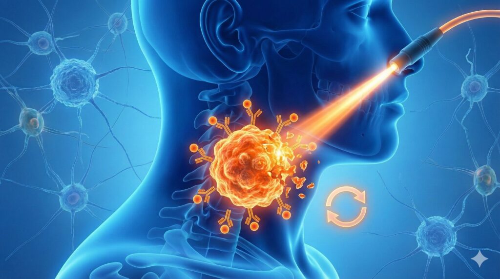 光免疫療法以特定波長光源精準照射頭頸癌腫瘤並重複治療的機轉示意圖