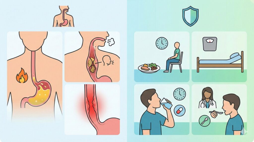 圖像示意食道逆流與吞嚥困難，並呈現飲食與生活習慣調整方式。
