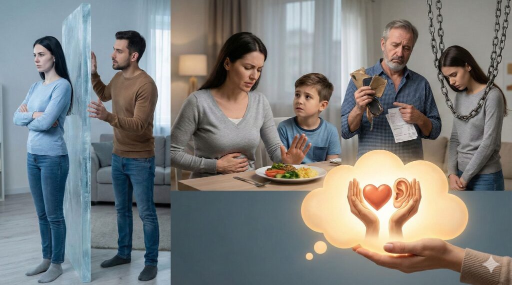 伴侶之間隔著透明屏障對話，象徵情緒勒索造成的關係隔閡與心理距離。