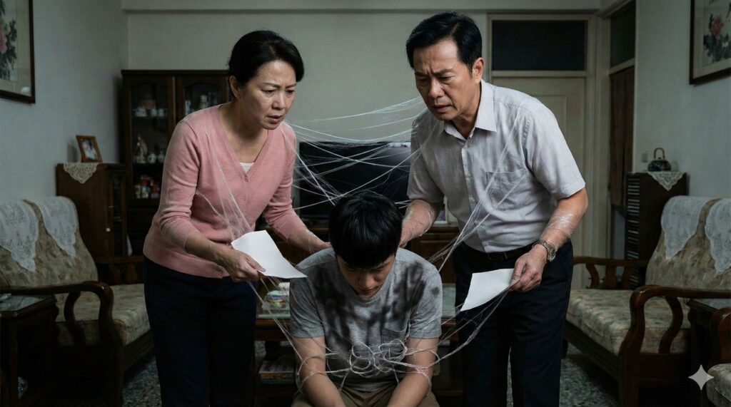 華人家庭場景中，父母以文件與壓力包圍低頭的孩子，象徵以責任與羞愧感進行情緒勒索。