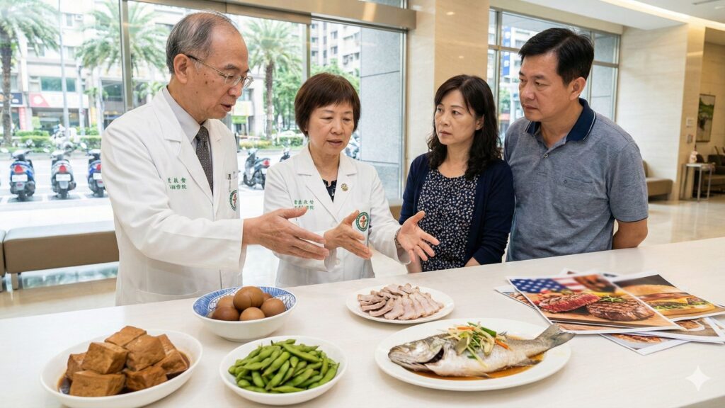 醫師與學會代表向民眾說明蛋白質攝取迷思,指出豆類與全穀類在新版飲食指南中易被誤讀為次要角色。