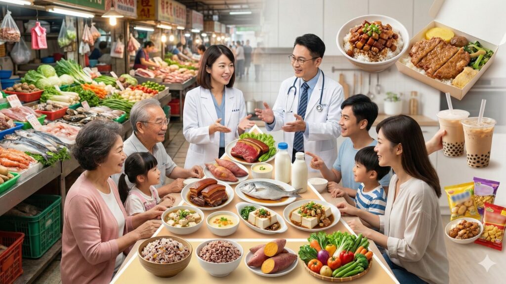 醫師與營養師在家庭餐桌前向多代同堂家庭說明新版飲食指南，桌上展示紅肉、魚類、豆製品、蔬菜與乳製品。