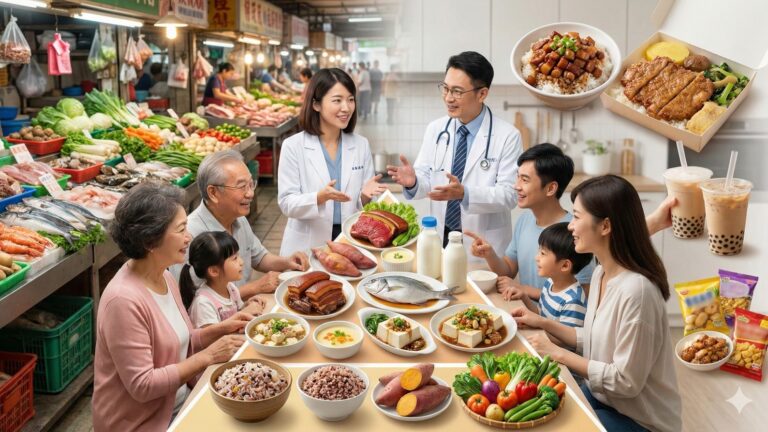 醫師與營養師在家庭餐桌前向多代同堂家庭說明新版飲食指南,桌上展示紅肉、魚類、豆製品、蔬菜與乳製品。