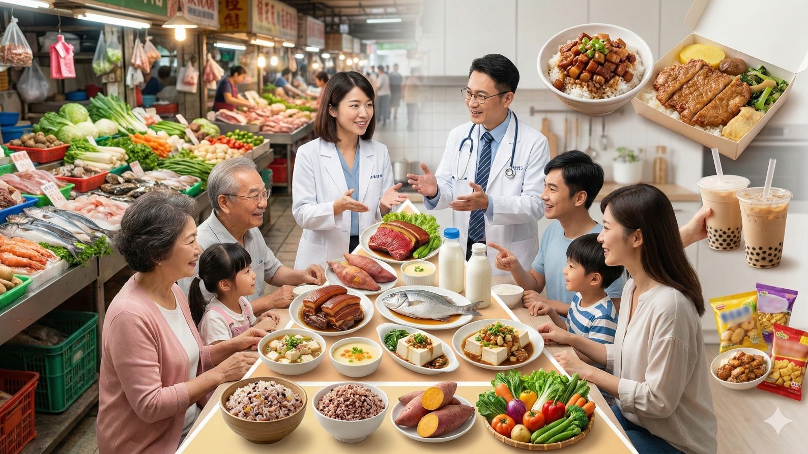 醫師與營養師在家庭餐桌前向多代同堂家庭說明新版飲食指南，桌上展示紅肉、魚類、豆製品、蔬菜與乳製品。