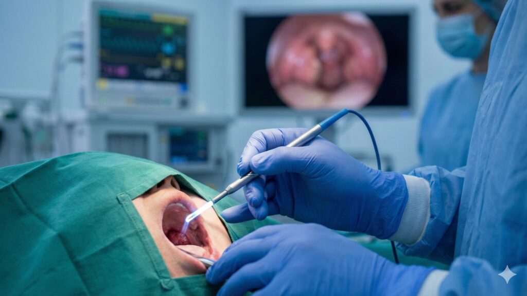 低溫雙極刀進行扁桃腺切除手術情境，顯示精準切割與即時止血