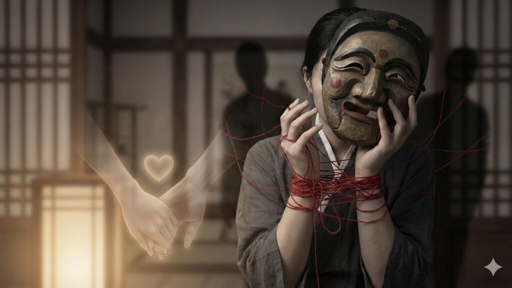 女子戴著面具、雙手被紅線纏繞，背景出現象徵理解與傾聽的光影，呈現情緒勒索與自我覺察的拉扯。