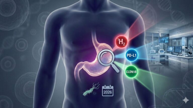 胃癌精準醫療與公費篩檢示意圖，顯示 HER2、PD-L1、CLDN18與2026年篩檢政策