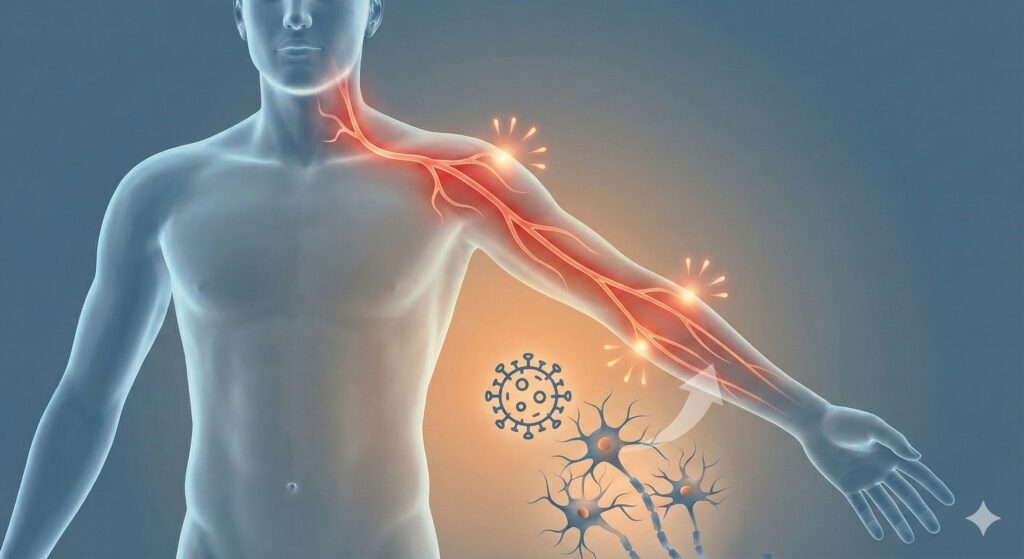 一條發光的橙紅色神經路徑從左側頸部延伸至手臂和手掌，路徑上有放射狀的疼痛光點。