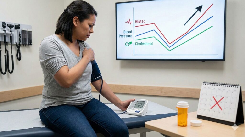 減重藥不是終點:BMJ大型研究警告,停藥後平均1.7年體重「全數回彈」 2 減重藥停用後,患者在診間測量血壓,螢幕顯示血糖、血壓與膽固醇數值回升趨勢