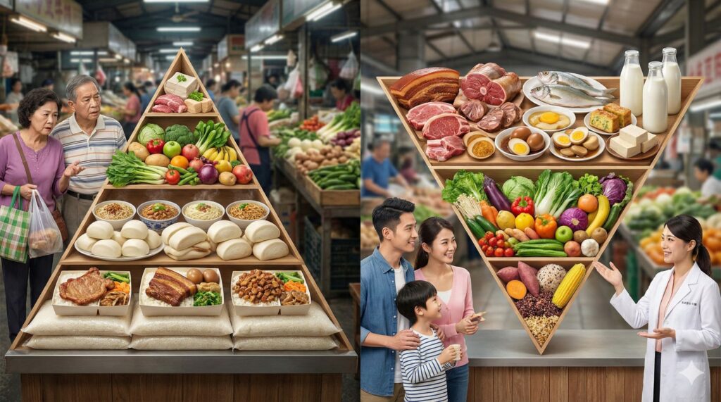傳統飲食金字塔與新版倒三角飲食結構對照，顯示碳水化合物與蛋白質比例的轉變。