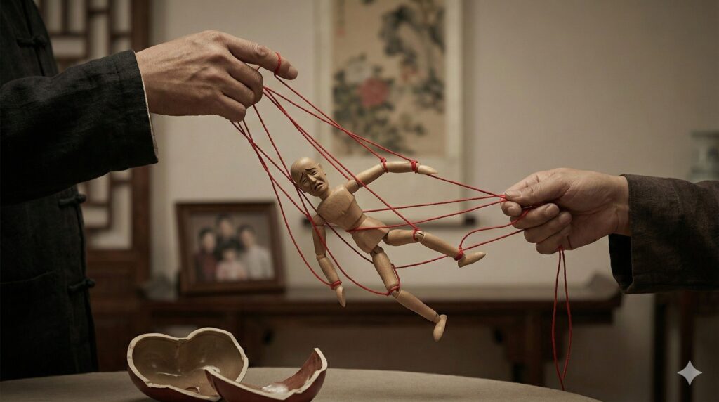 被紅線操控的木偶人偶，象徵情緒勒索中被操縱、失去自主的心理狀態。