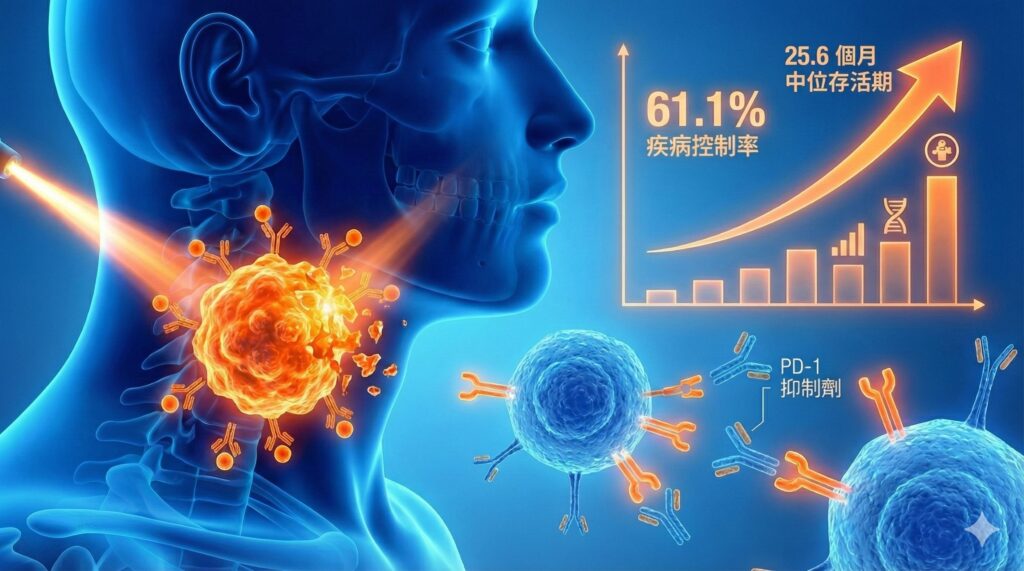 頭頸癌腫瘤接受光免疫療法合併 PD-1 免疫抑制劑治療示意，顯示疾病控制率與存活期提升