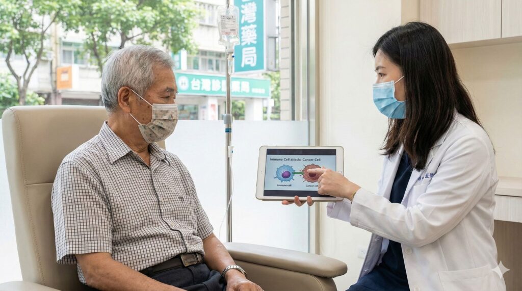 醫師於診間向高齡肺癌患者說明免疫治療機轉與治療選項