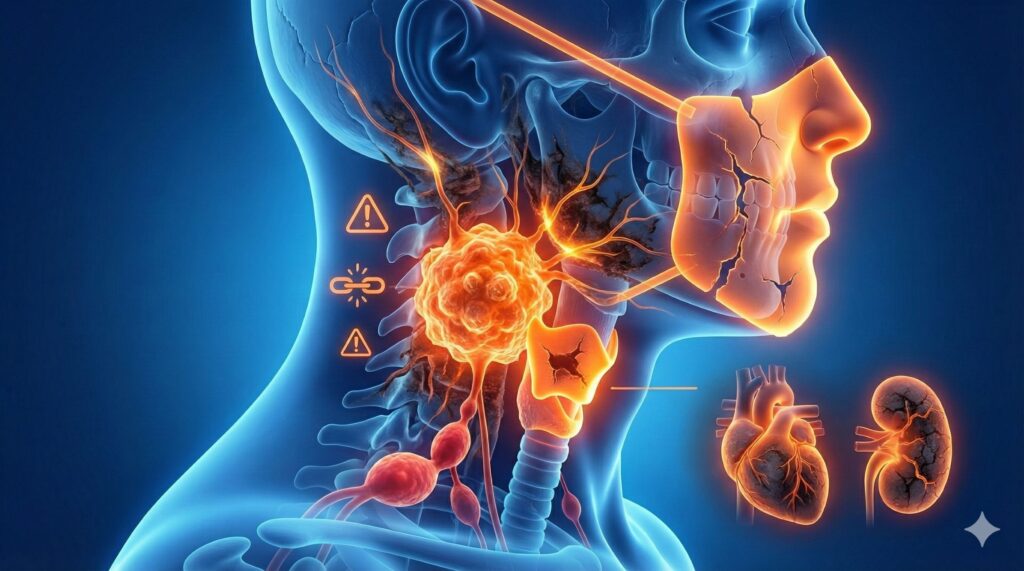 頭頸癌腫瘤影響神經與多個器官系統的示意圖，顯示疾病高度複雜性