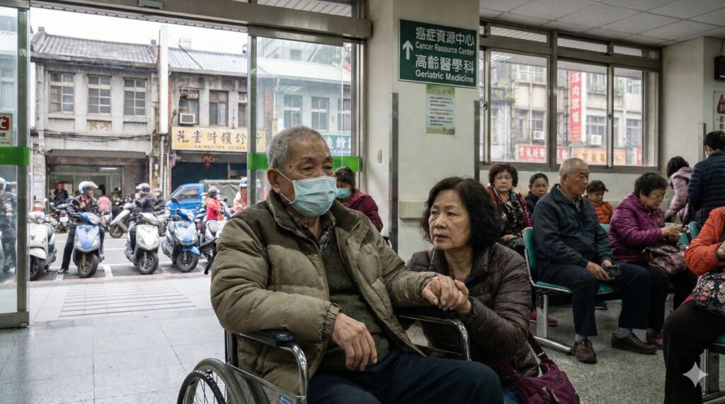 高齡患者於醫院候診區等待看診，反映高齡化社會的醫療需求