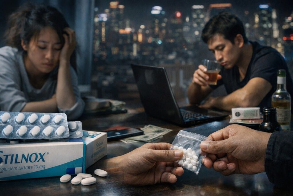 桌上可見史蒂諾斯安眠藥與酒精，呈現助眠藥物濫用與酒精併用的高風險情境。