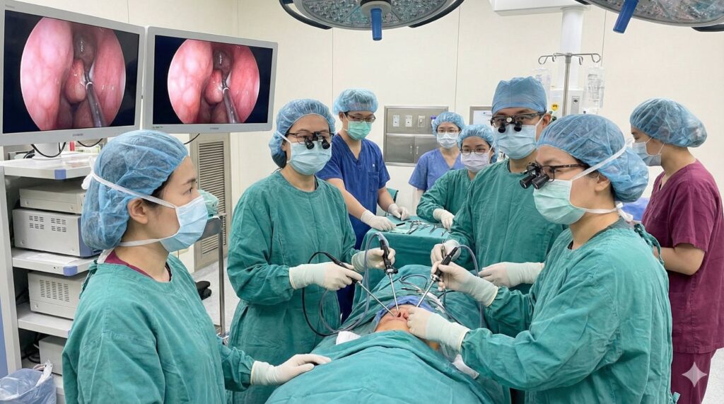 神經外科與鼻科團隊在手術室進行經鼻內視鏡腦下垂體腫瘤切除手術