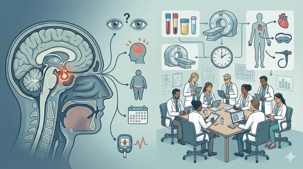 腦下垂體腫瘤影響荷爾蒙分泌導致全身代謝失衡示意圖