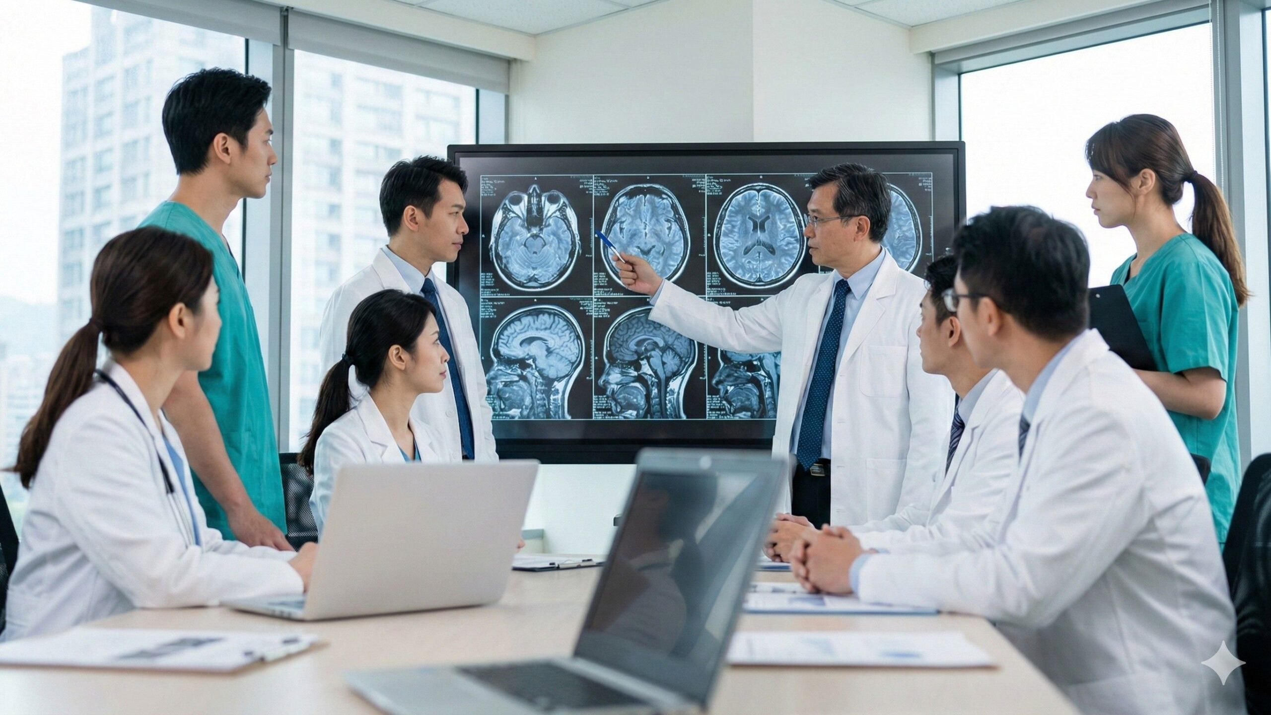 醫療團隊於會議室共同檢視腦部MRI影像討論腦下垂體腫瘤治療策略