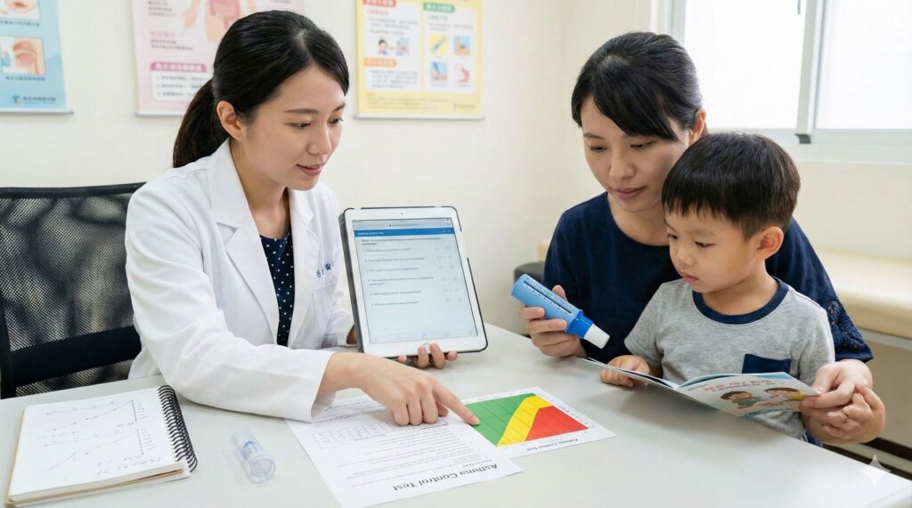 兒童氣喘門診中，醫師向家長與孩童說明氣喘控制測驗與居家監控方式