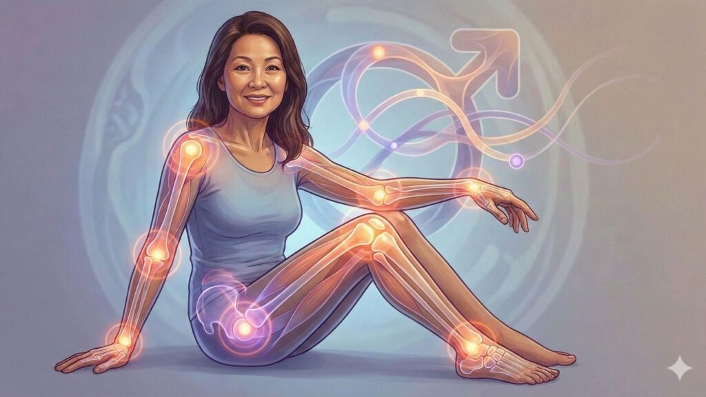 中高齡女性更年期後出現多處關節與肌肉變化示意,象徵更年期肌肉骨骼症候群對行動能力的影響