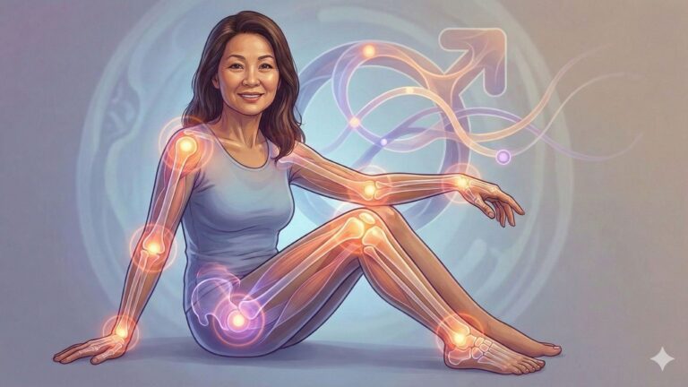 中高齡女性更年期後出現多處關節與肌肉變化示意，象徵更年期肌肉骨骼症候群對行動能力的影響