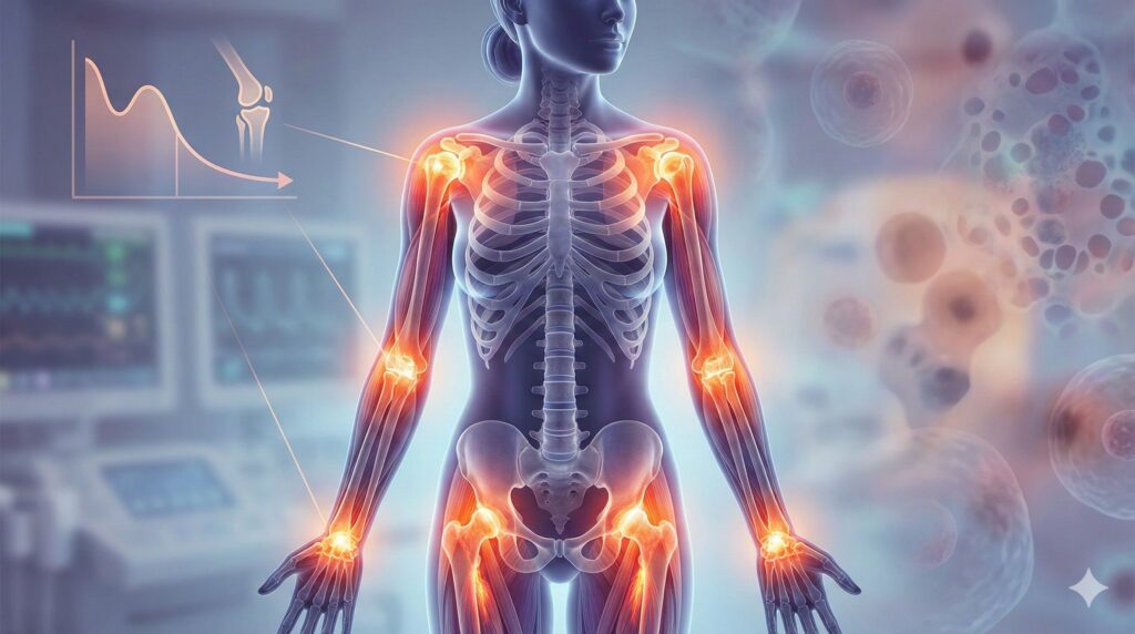 更年期不只是熱潮紅:七成女性出現「肌肉骨骼症候群」,25%恐陷失能風險,研究籲及早辨識與介入 2 更年期女性全身多處關節與肌肉疼痛示意,顯示雌激素下降對肩、肘、髖、膝等肌肉骨骼系統的影響