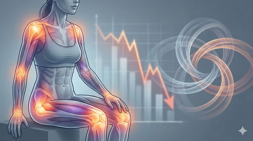 更年期不只是熱潮紅:七成女性出現「肌肉骨骼症候群」,25%恐陷失能風險,研究籲及早辨識與介入 1 更年期女性因雌激素下降出現肩、髖、膝等關節不適,與功能退化風險上升相關示意