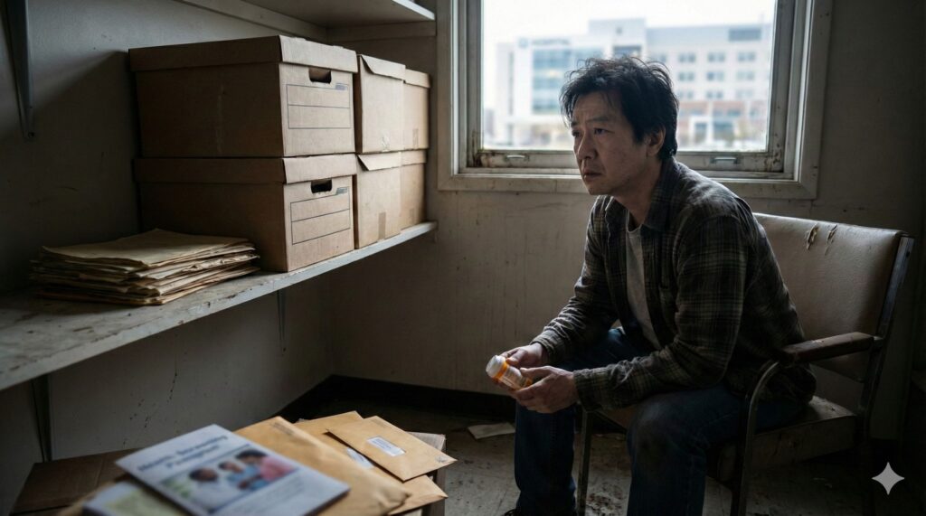 中年男性獨自坐在狹小空間中，手中握著長期用藥，呈現慢性疾病與生活壓力交織的狀態