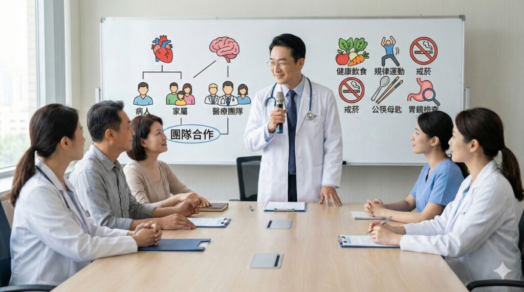 醫師向胃癌患者與家屬說明治療方向強調醫病共同決策與團隊合作