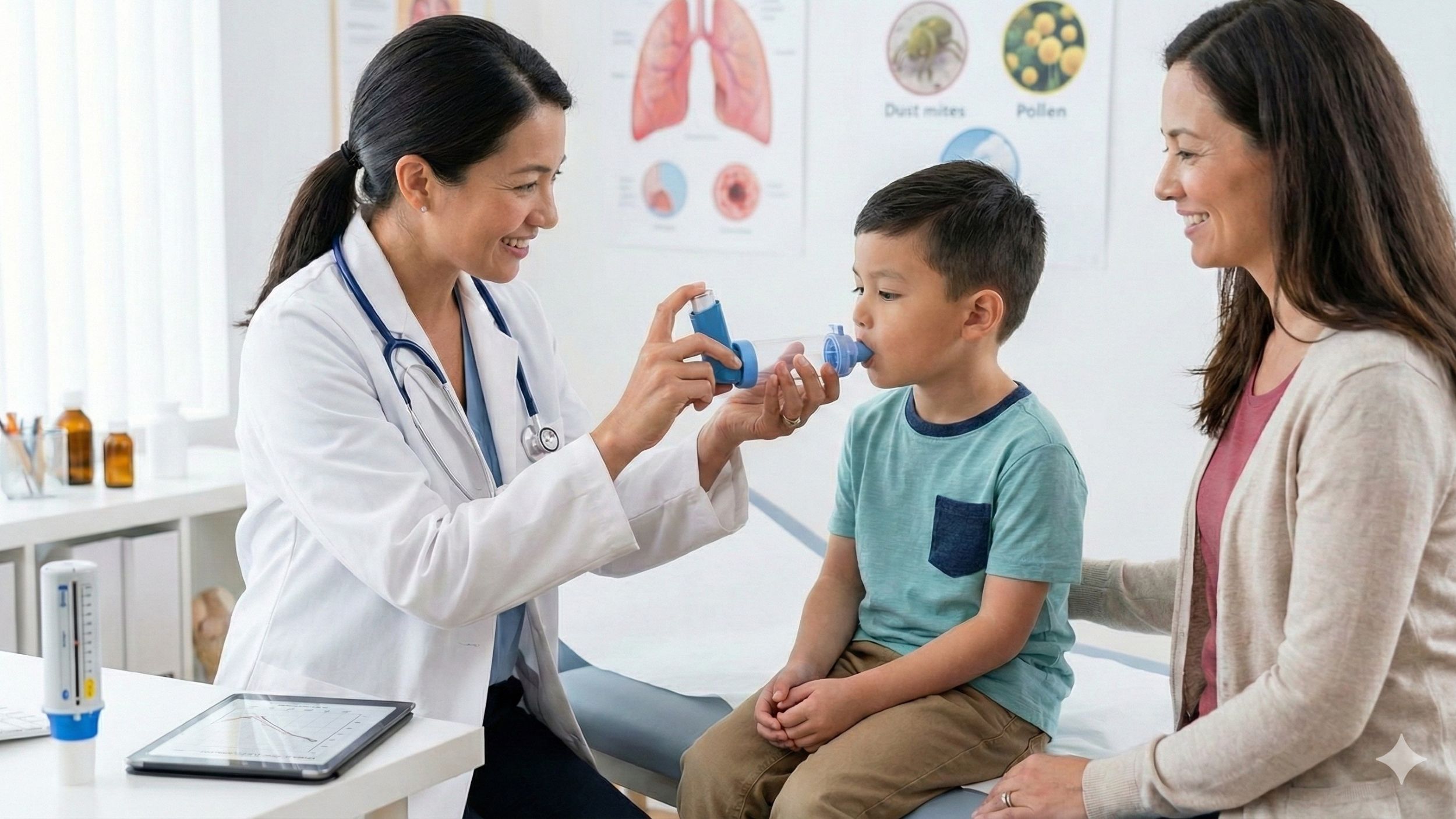 兒童氣喘門診中，醫師指導孩童正確使用吸入型藥物，家長在旁陪同