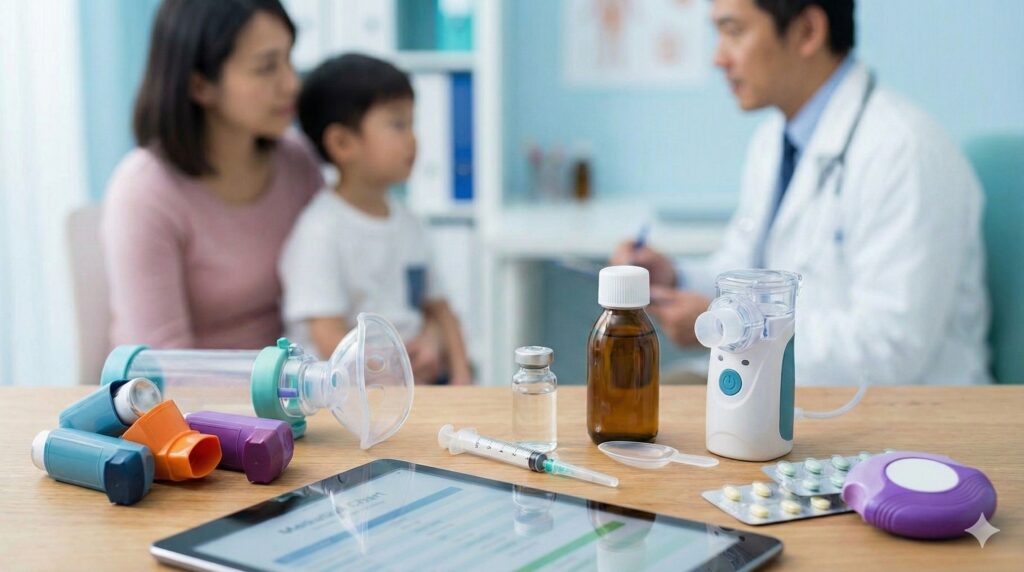 兒童氣喘門診中，醫師示範吸入型藥物使用方式，協助孩童正確用藥