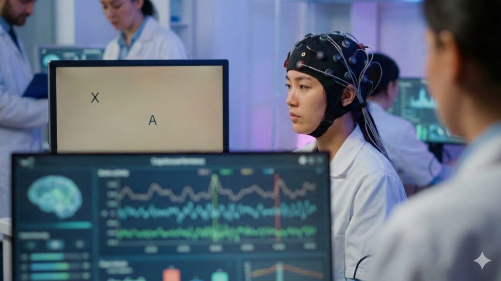 研究人員進行腦部與生理訊號分析，象徵童年ADHD特質與長期健康風險的科學研究