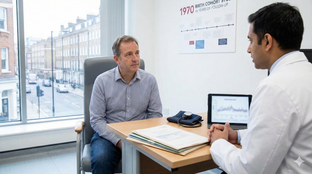 中年男性在診間與醫師進行健康追蹤諮詢，背景呈現長期世代研究資料