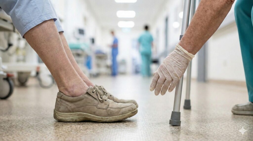 高齡者使用輔具行走，顯示行動力下降與跌倒風險增加