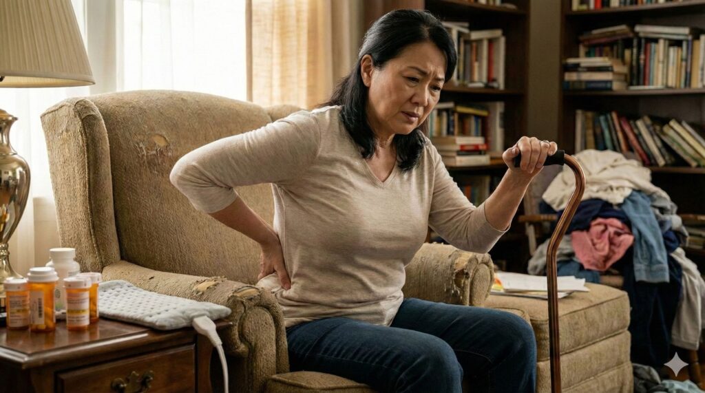 年長女性因慢性背痛與行動不便，在家中依賴輔具與長期藥物
