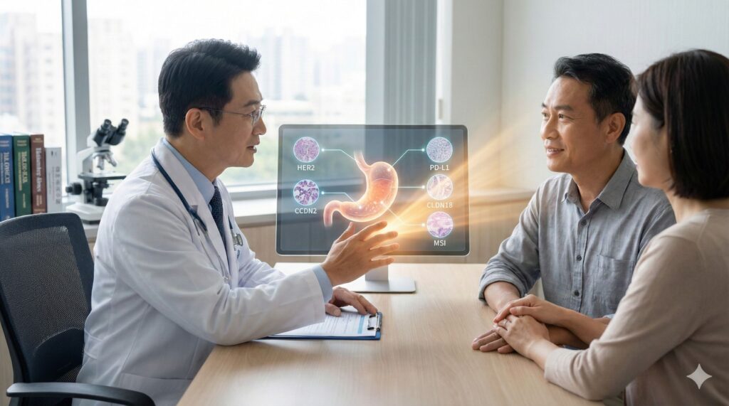 醫師向胃癌患者說明HER2與PD-L1等生物標誌物檢測結果