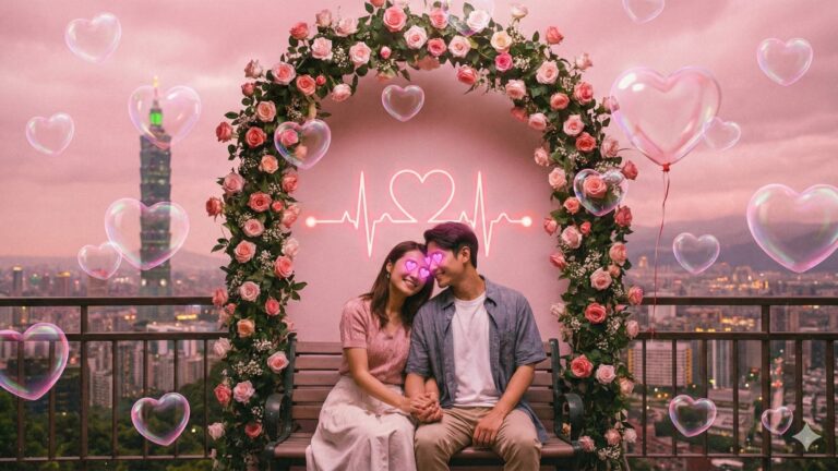 城市背景下的伴侶坐在心形拱門前，象徵在親密關係中建立安全感與界線