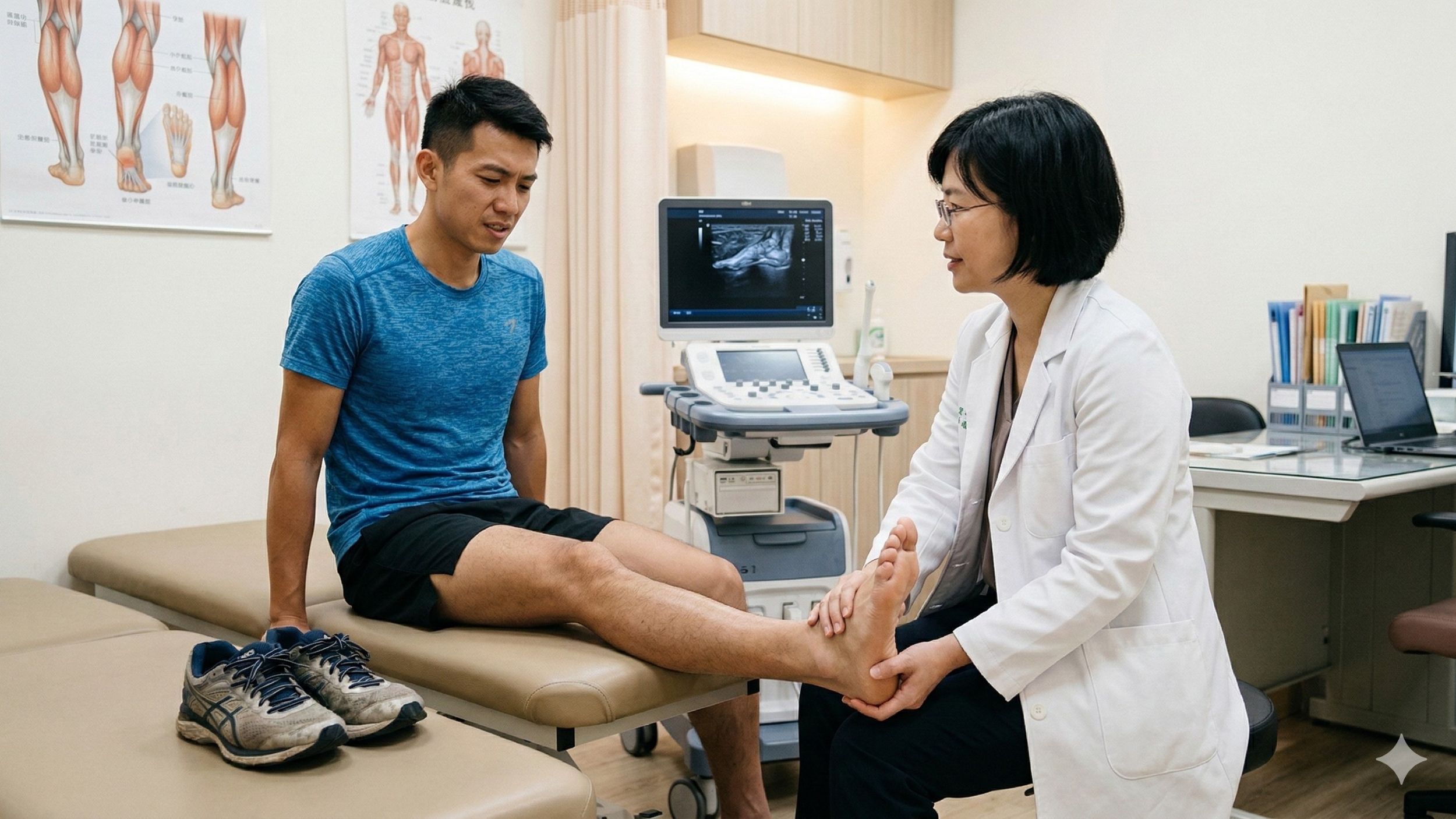 復健科醫師檢查跑步運動員腳踝與足底疼痛情形，評估跑步造成的足底筋膜炎與下肢動力鏈問題