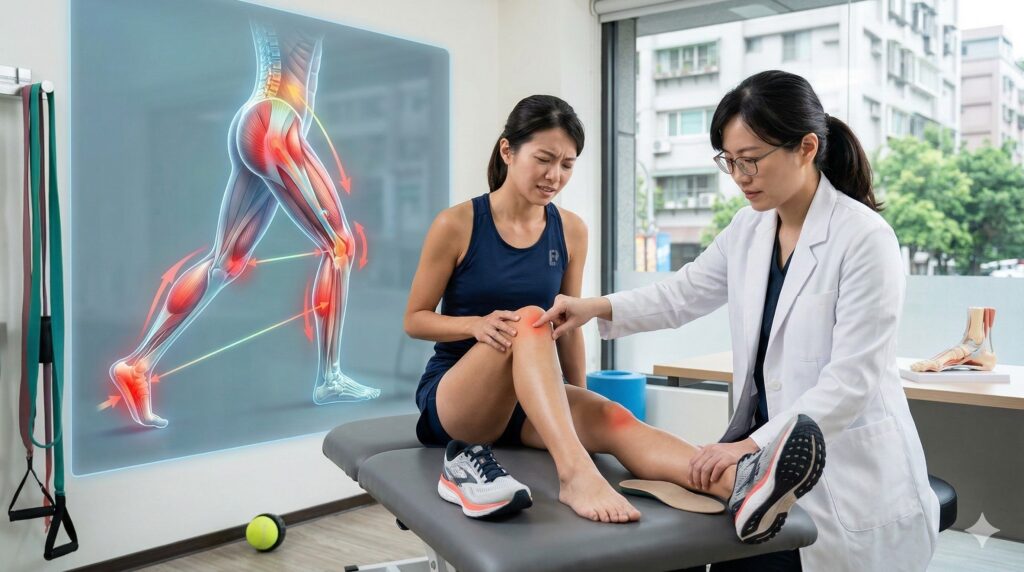 愛跑步容易足底筋膜炎?跑者膝、髂脛束症候群都與足弓異常有關?小腿緊繃易增加筋膜撕裂風險 2 跑步運動員因膝蓋與小腿疼痛接受復健科醫師檢查,說明小腿緊繃與足底筋膜炎的關聯