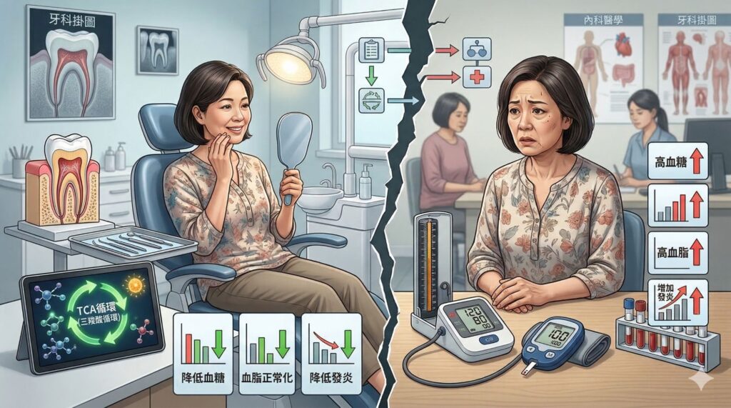 根管治療後血糖下降與血脂改善示意圖，顯示口腔治療影響全身代謝