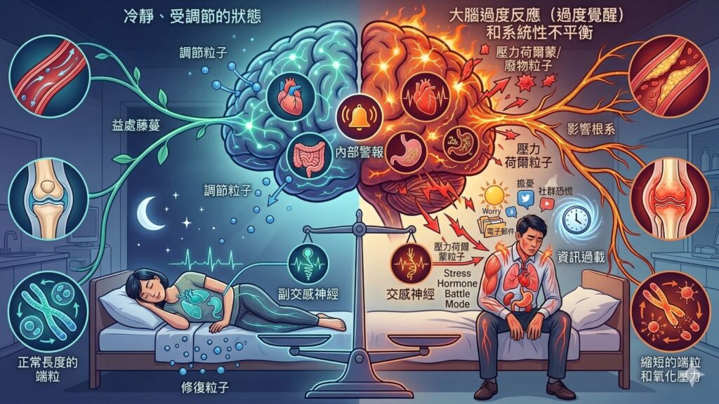 大腦過度警覺封面示意圖,以冷靜與過度覺醒的大腦對比,呈現睡眠修復與壓力失衡造成的全身影響