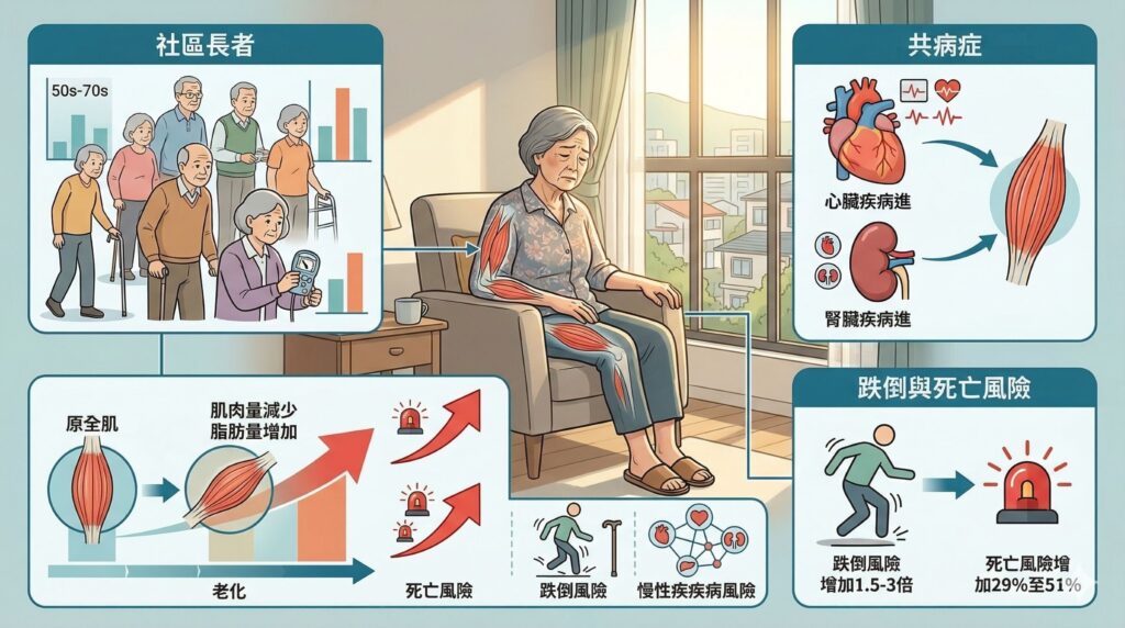 肌少症不是老化必然:研究揭示亞洲盛行率最高達40%,恐提高死亡與跌倒風險 1 肌少症導致肌肉流失增加跌倒與死亡風險及慢性病共病關聯