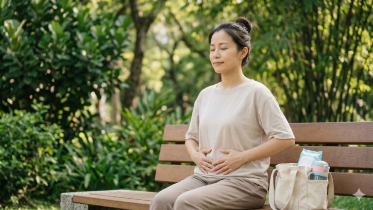 母親在公園長椅上閉眼深呼吸調整情緒,象徵母職焦慮與心理調適