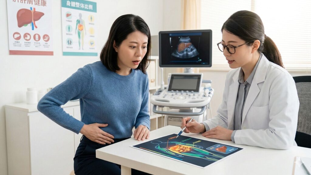 女性在診間接受醫師解說脂肪肝與內臟脂肪堆積的健康風險,象徵體態不胖仍可能出現脂肪肝與代謝失衡問題。