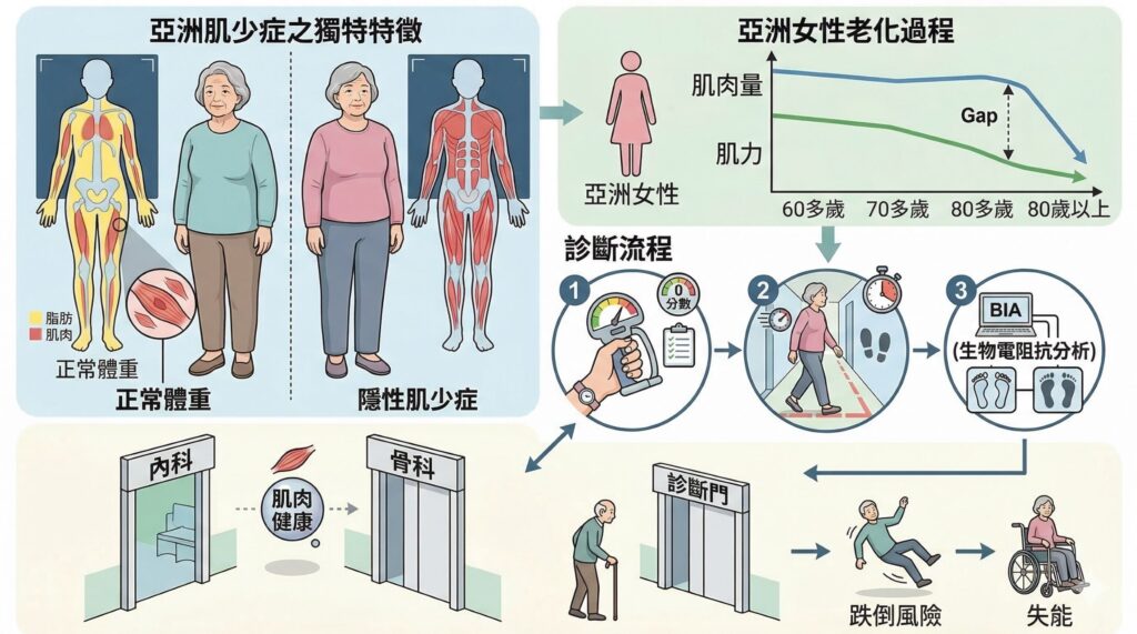 肌少症不是老化必然:研究揭示亞洲盛行率最高達40%,恐提高死亡與跌倒風險 2 亞洲族群肌少症隱性風險與診斷流程包含握力與步行速度測試