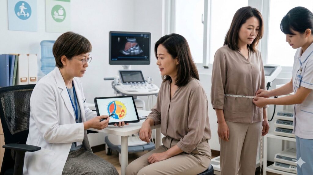 女性脂肪肝比例最高逾44%!「看不見的胖」成代謝危機,醫師揭內臟脂肪5大警訊 3 女性在診間接受醫師解說脂肪肝與內臟脂肪風險,同時進行腰圍量測與體組成評估,提醒女性脂肪肝早期多無症狀,腰圍與內臟脂肪比體重更能反映代謝健康狀況。