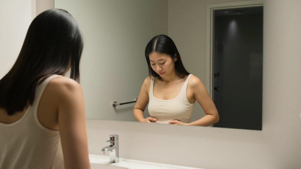 女性在鏡子前進行乳房自我檢查，象徵乳癌早期發現與自我篩檢的重要性