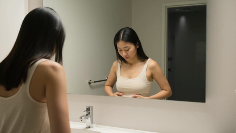 女性在鏡子前進行乳房自我檢查，象徵乳癌早期發現與自我篩檢的重要性